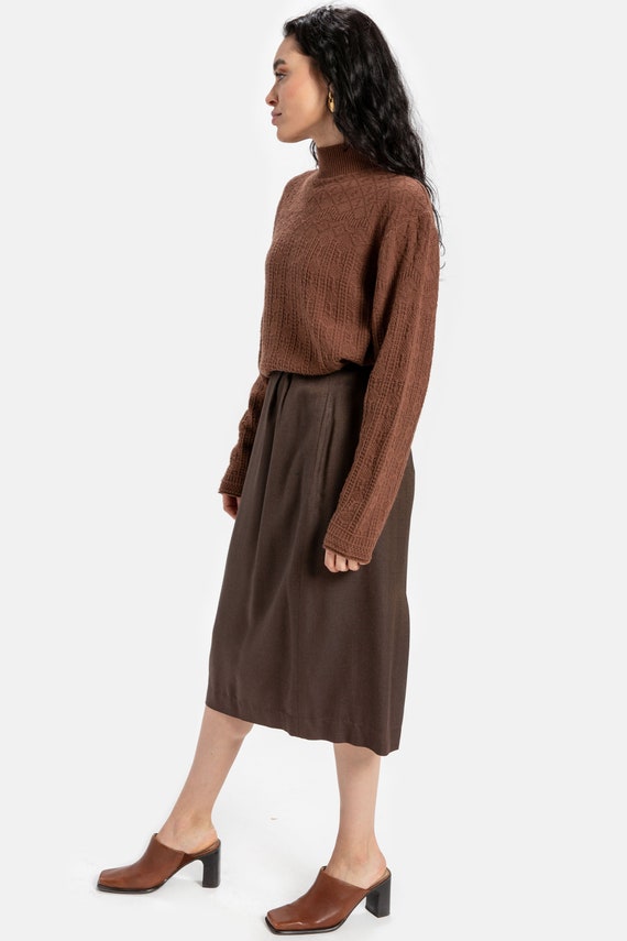 90s Brown Herringbone Pencil Skirt S - image 3