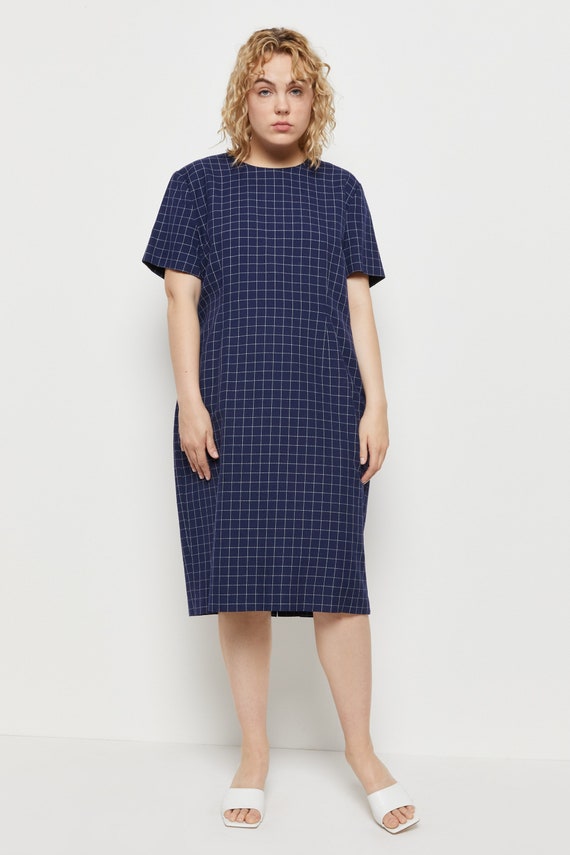 80s Navy Grid Dress L - image 1