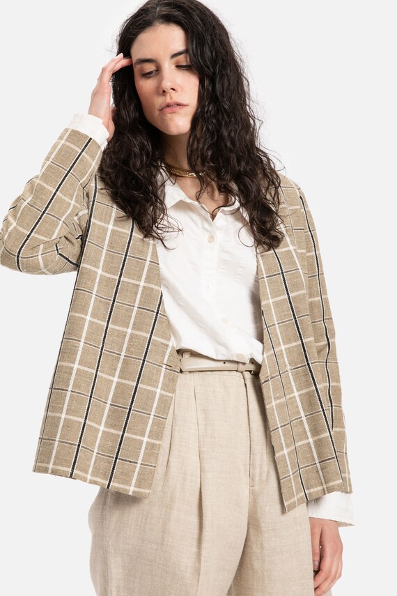 80s Tan Plaid Blazer M Gem