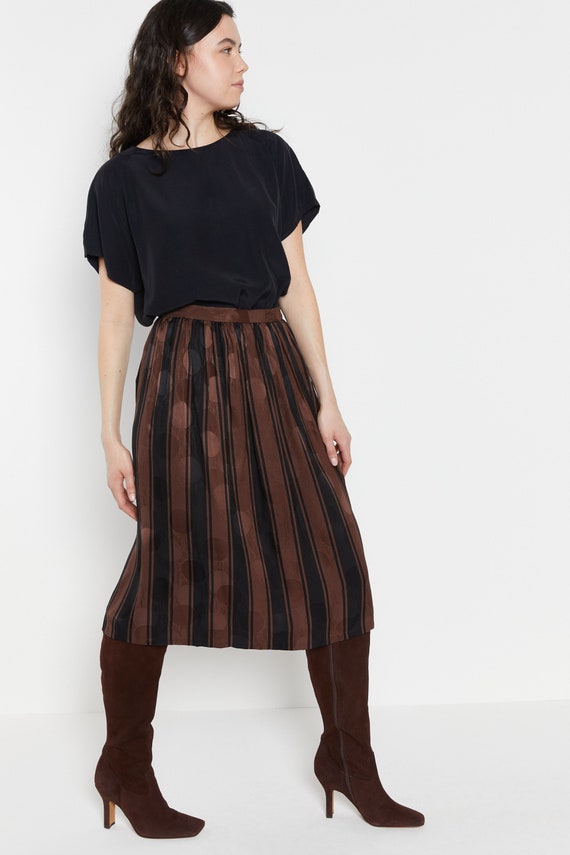 80s Brown Satin Dot Stripe Skirt S