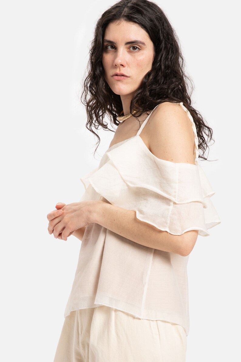 70s Cream Chiffon Layered Off Shoulder Top S image 4