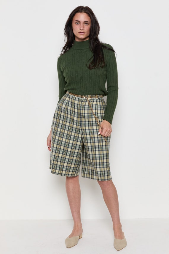 80s Olive Green Plaid Long Shorts L