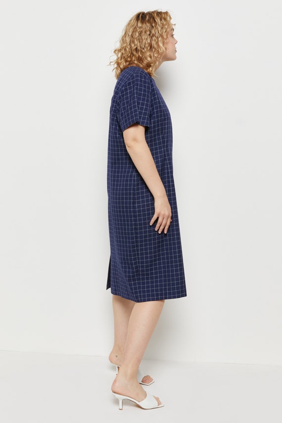 80s Navy Grid Dress L - image 7