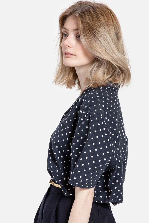 80s Navy Polka Dot Linen Top L - image 5