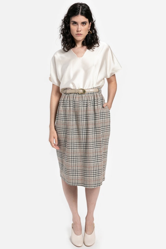 70s Grey Plaid Wool Skirt M - image 2