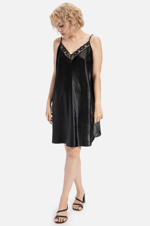 80s Black Lace Trim Slip Dress XL