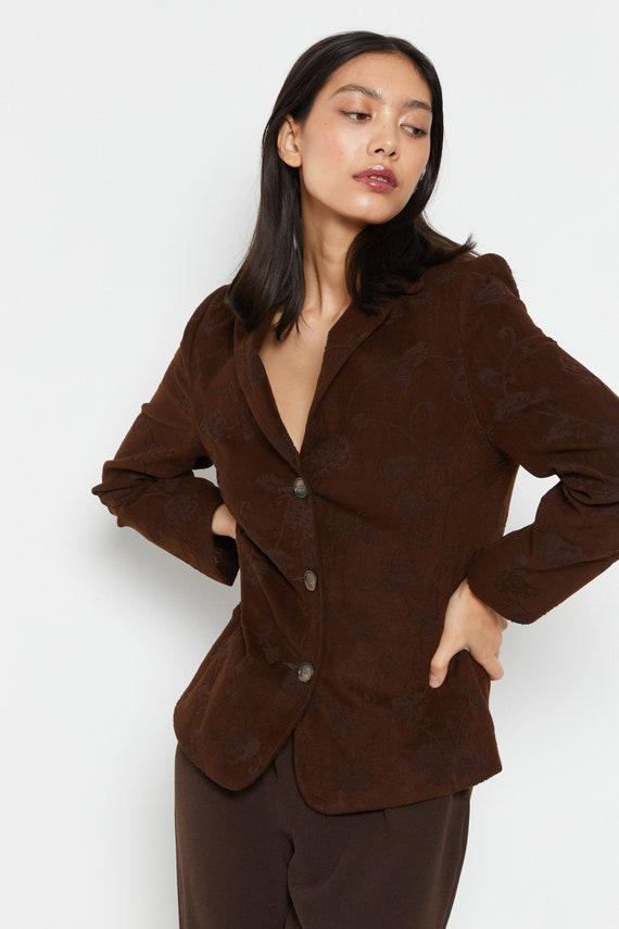 90s Chocolate Floral Print Velvet Blazer S - image 1