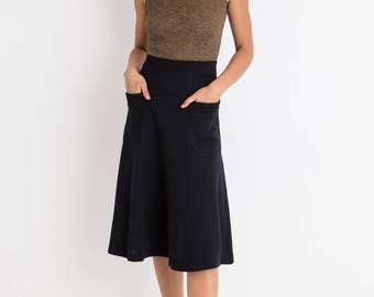 70s Black Knit A-Line Skirt S
