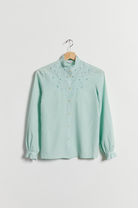 70s Sea Foam Eyelet Blouse S - image 1