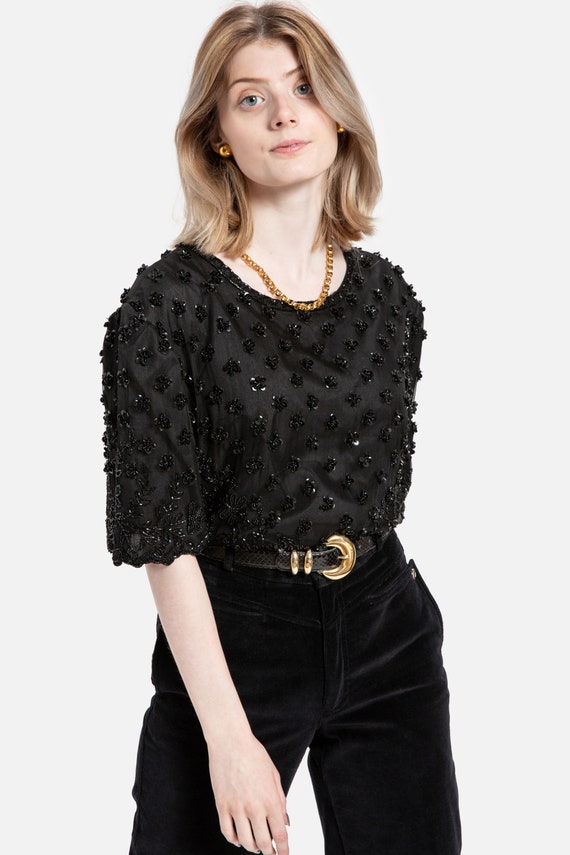 80s Black Silk Sequin Top M - image 2