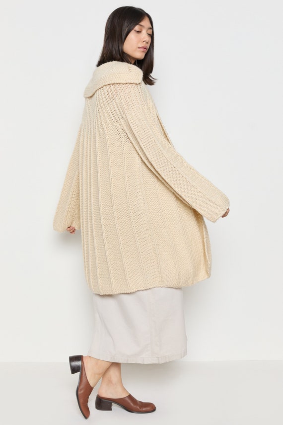 70s Cream Hand Knit Wool Slouchy Duster Cardigan L