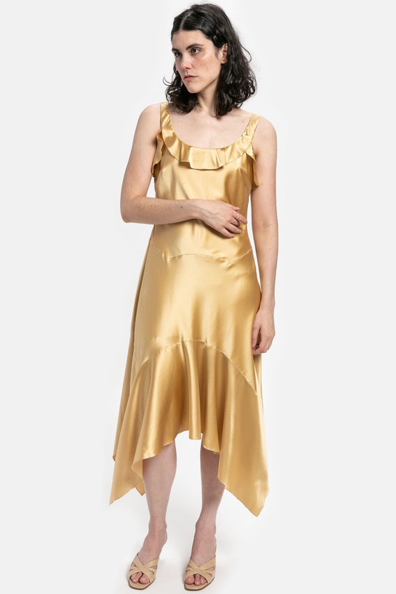 90s Gold Silk Flutter Dress M