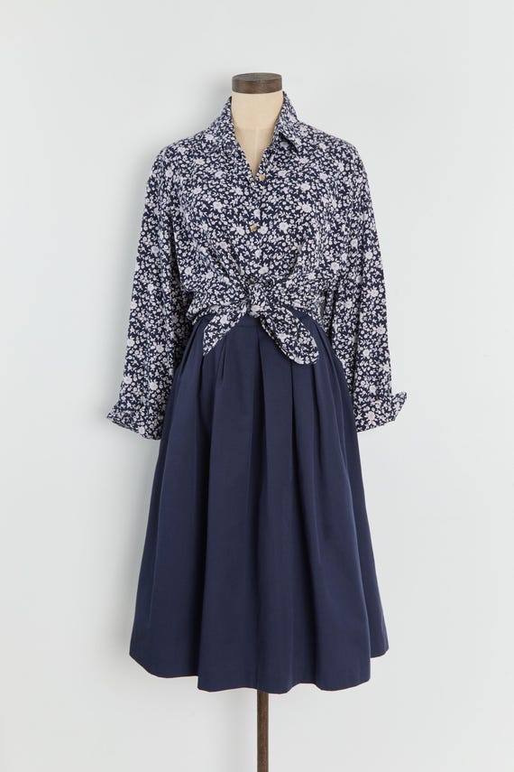 90s Navy White Floral Print Button Down L