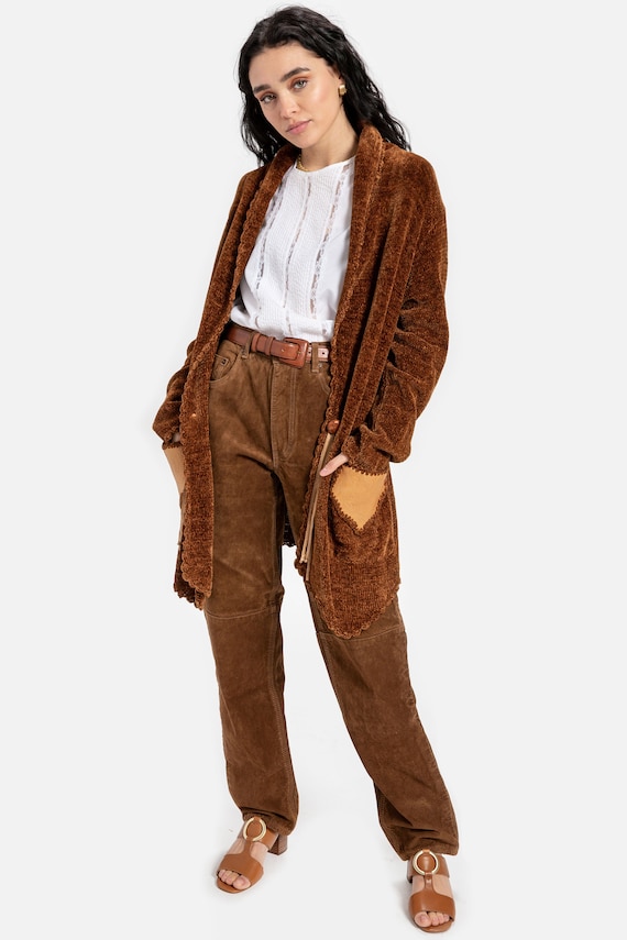 70s Chenille Leather Patchwork Cardigan L