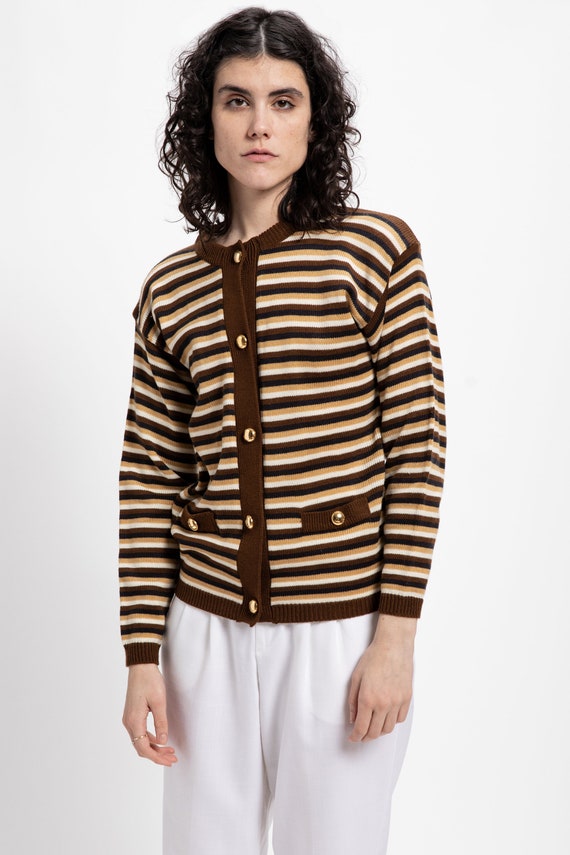 70s Brown Striped Cardigan S - image 1