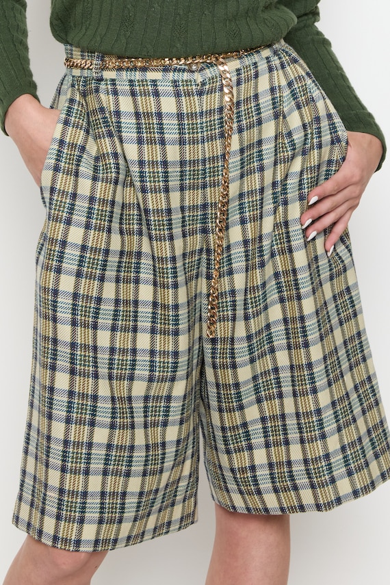 80s Olive Green Plaid Long Shorts L - image 5