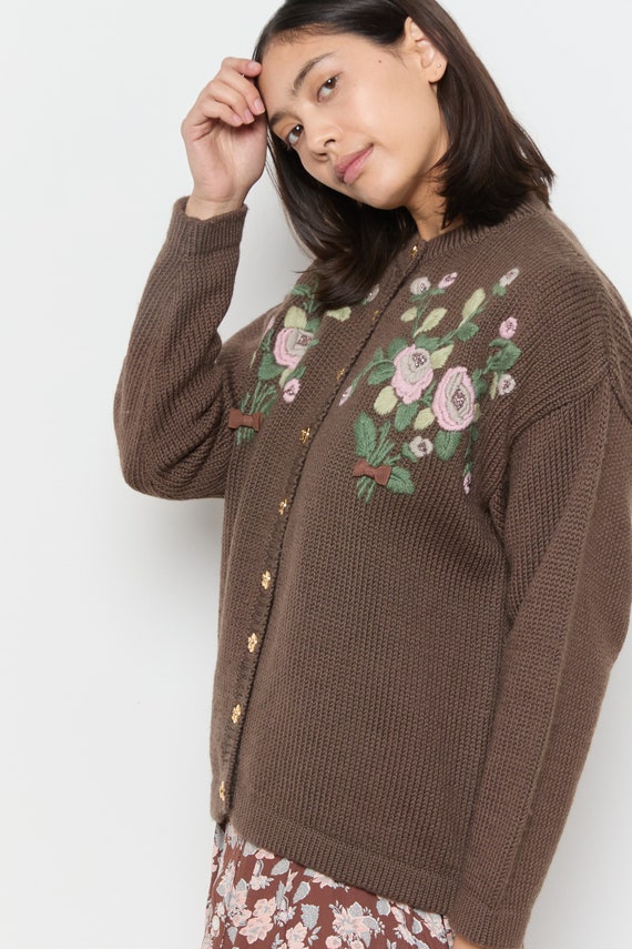 70s Cocoa Embroidered Bouquet Cardigan L - image 6