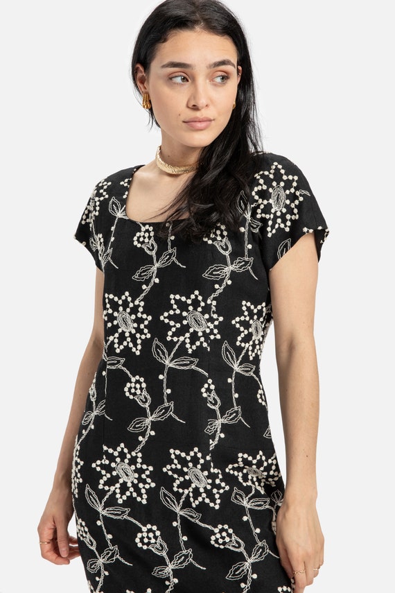 90s B&W Embroidered Floral Dress M - image 8