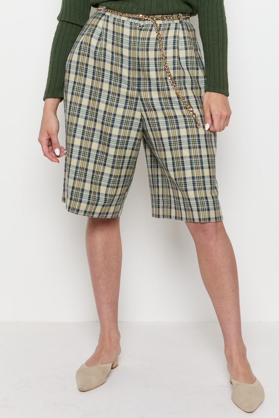 80s Olive Green Plaid Long Shorts L - image 3