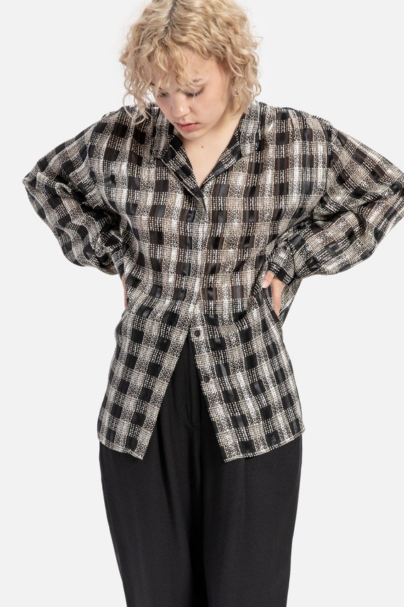 80s B&W Plaid Sheer Blouse L - image 9