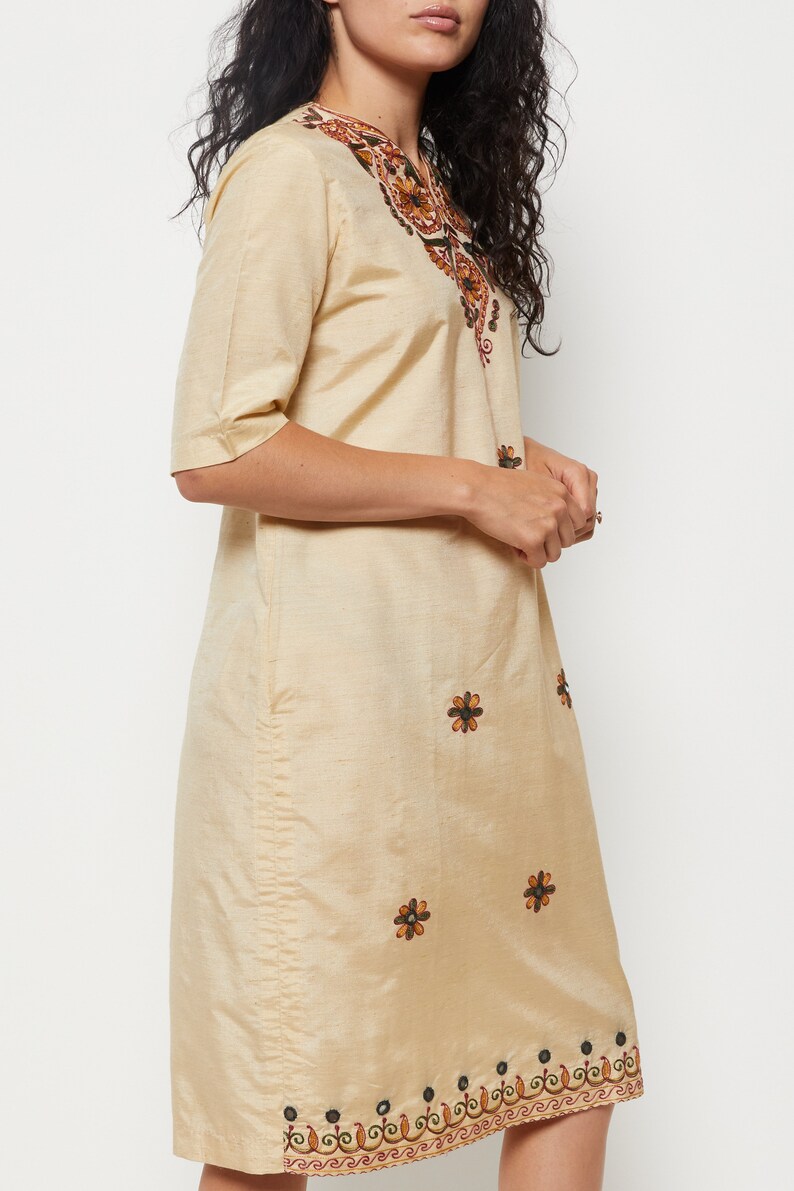 70s Parchment Embroidered Mirror Dress M image 7