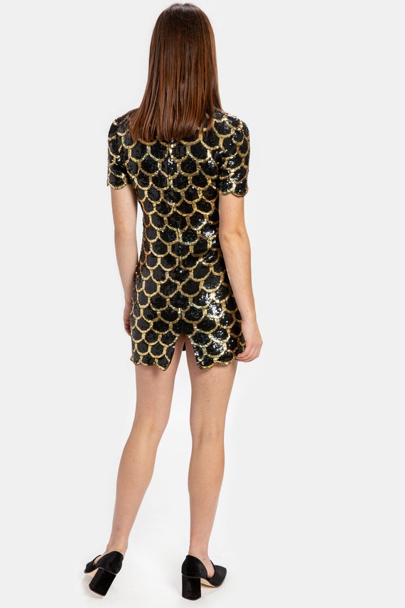 80s Black & Gold Mermaid Mini Dress S - image 5