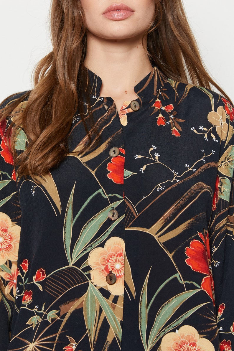 90s Black Floral Mandarin Collar Top XL image 3