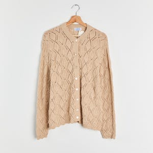70s Beige Diamond Pointelle Cardigan L