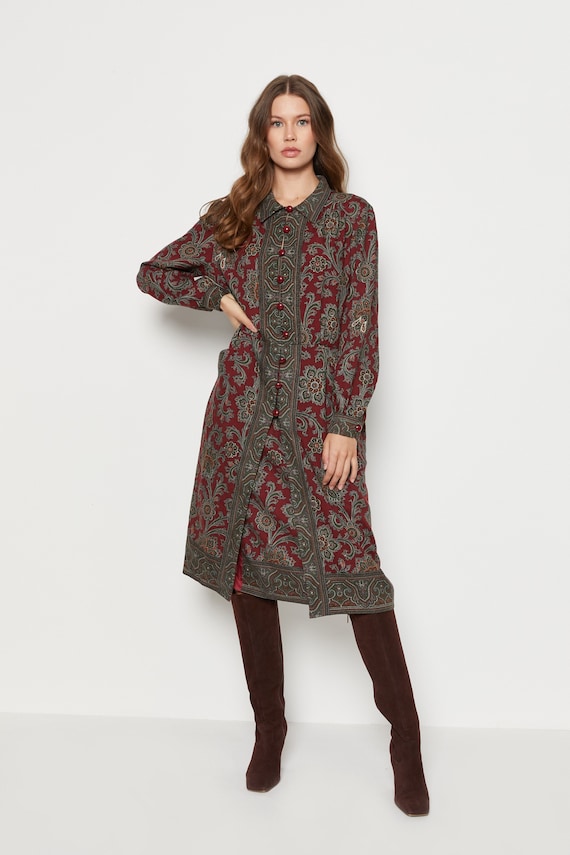 70s Wine Regency Floral Button Front Dress M/L