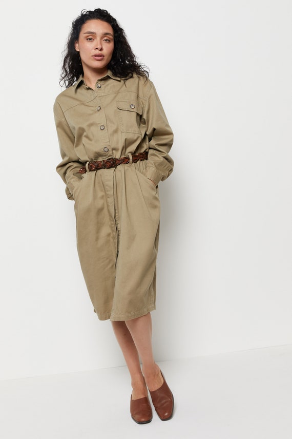 90s Khaki Button Down Shirt Dress M/L - image 3