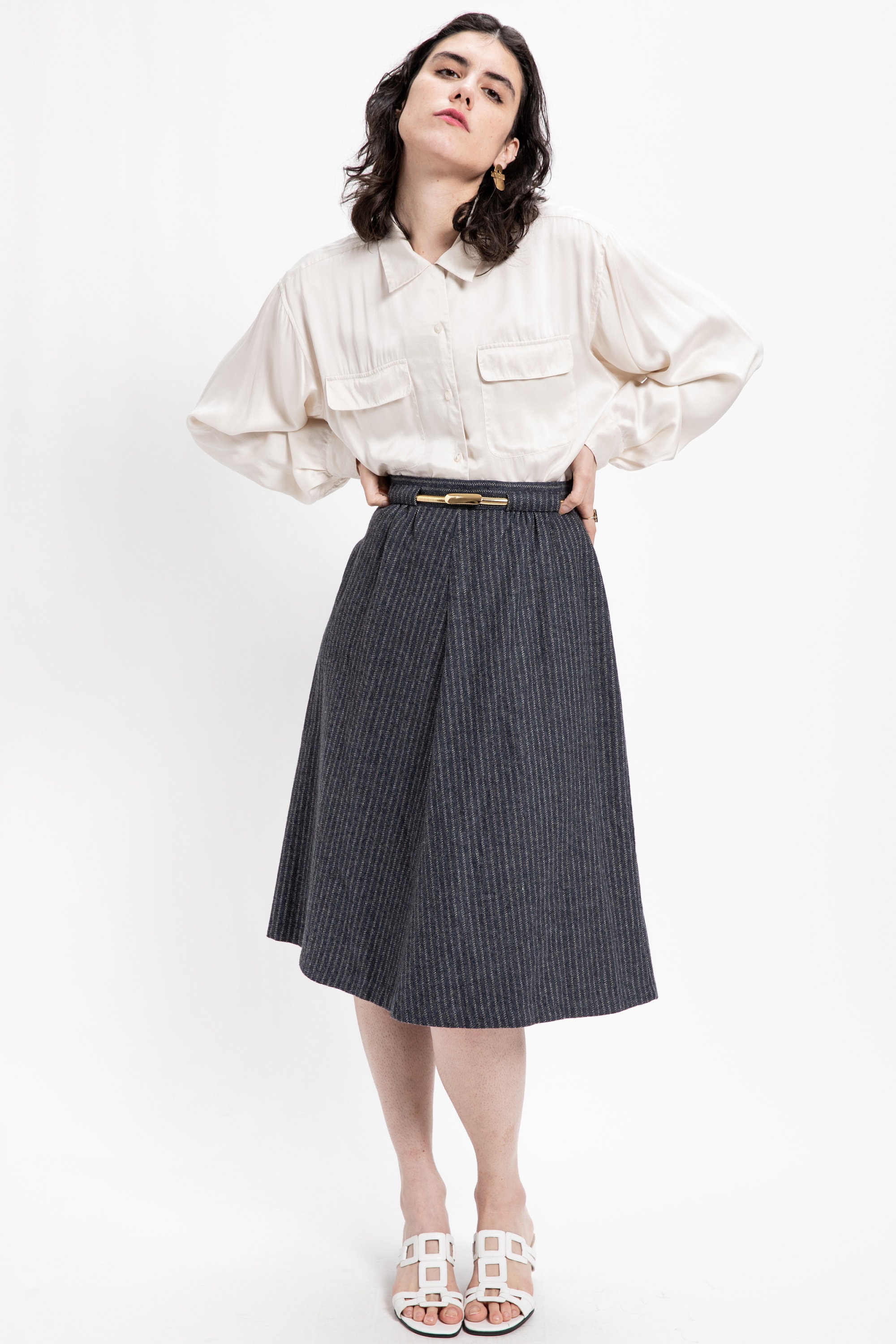 70s Charcoal White Stripe Wool Skirt S
