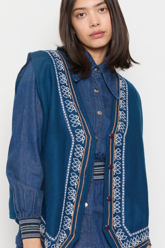 80s Blue Wool Embroidered Vest XL - image 10
