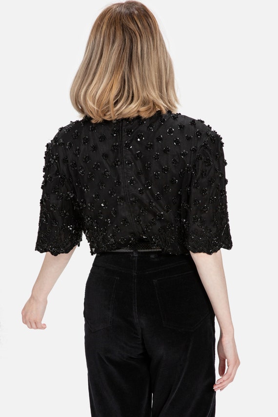 80s Black Silk Sequin Top M - image 7