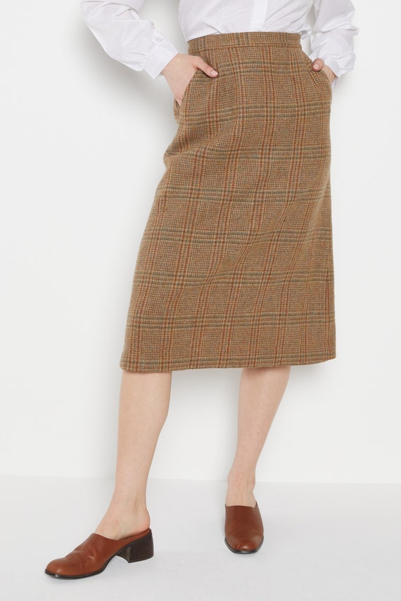 70s Tan Plaid Wool Skirt XS