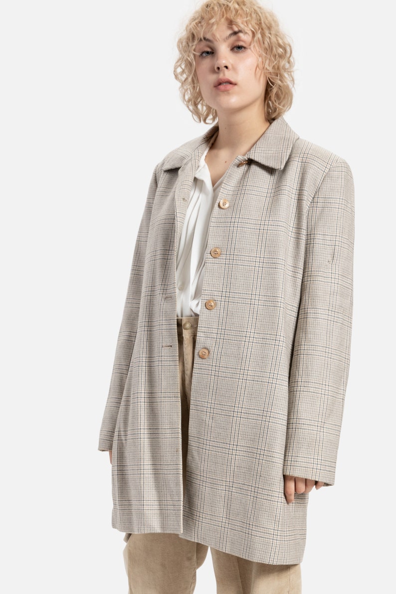 90s Grey Plaid Wool Coat L image 2