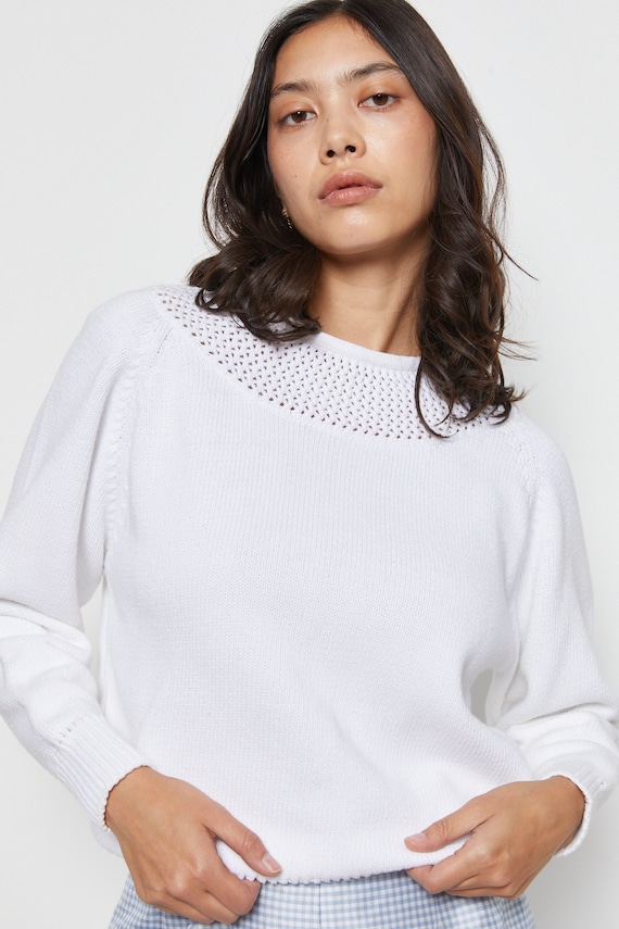 80s White Open Knit Yolk Sweater M