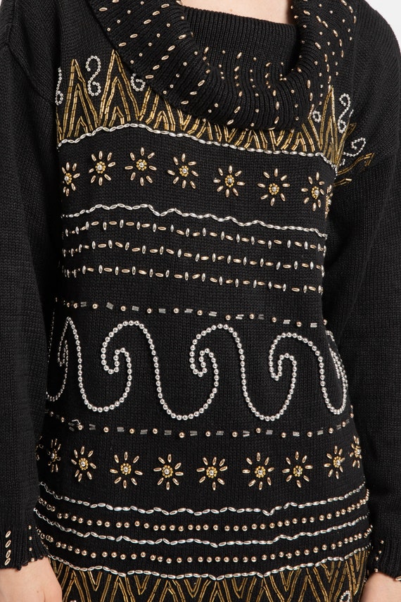 80s Black Embellished Metallic Bead Cowl Sweater L - image 4