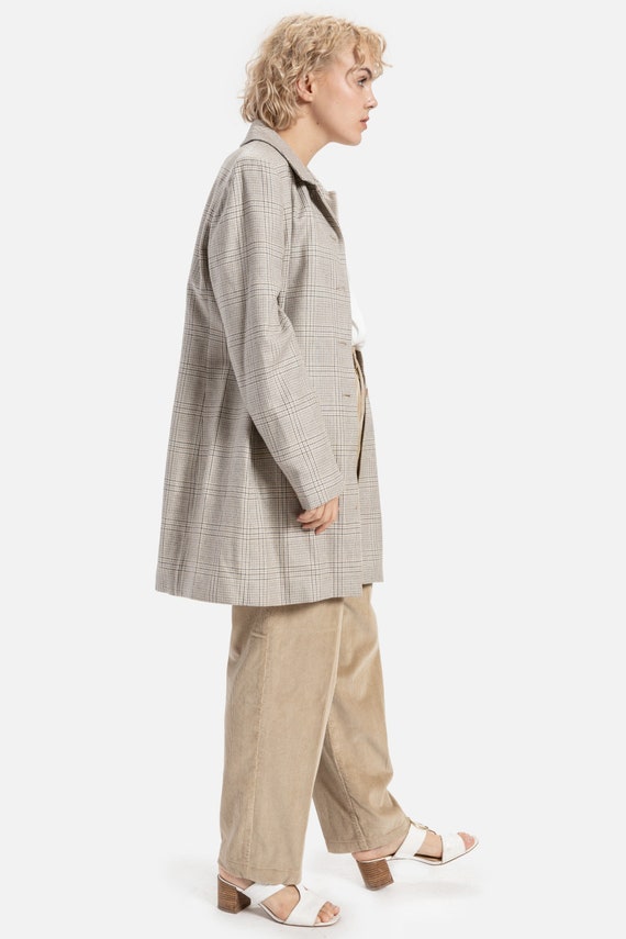 90s Grey Plaid Wool Coat L