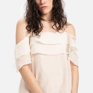 70s Cream Chiffon Layered Off Shoulder Top S image 9