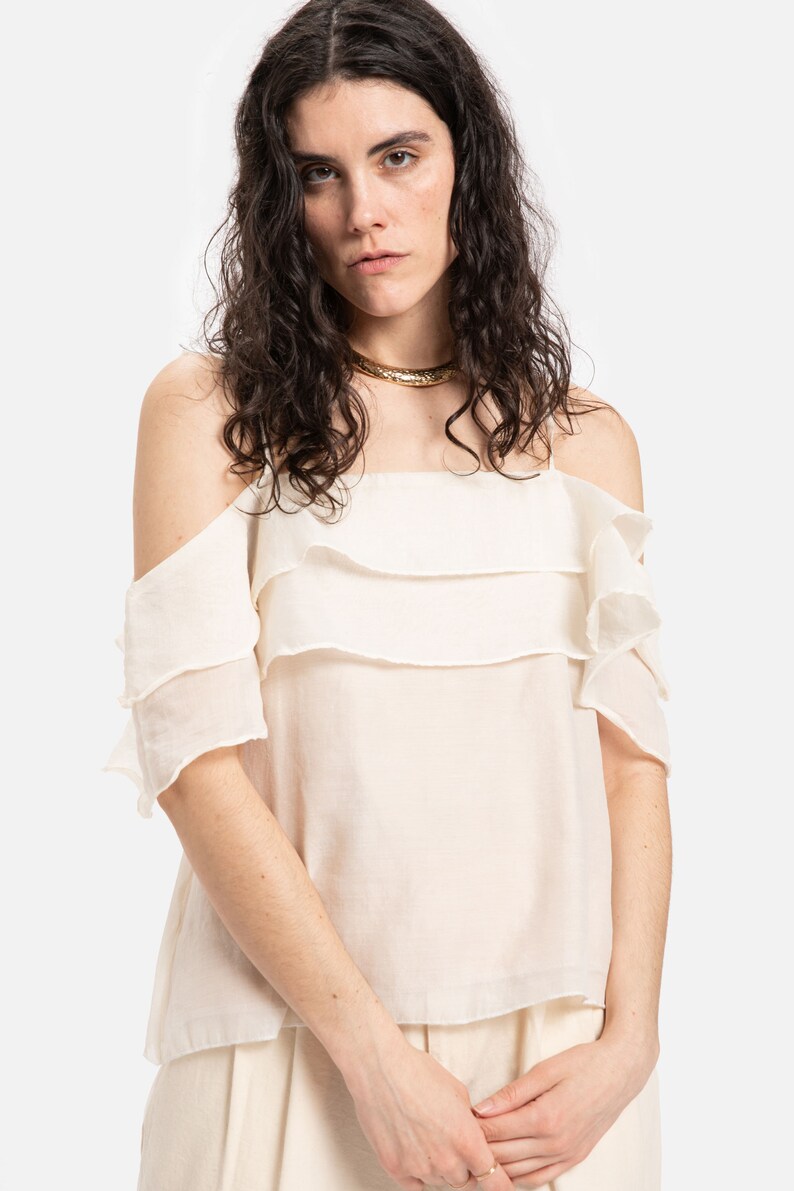 70s Cream Chiffon Layered Off Shoulder Top S image 9