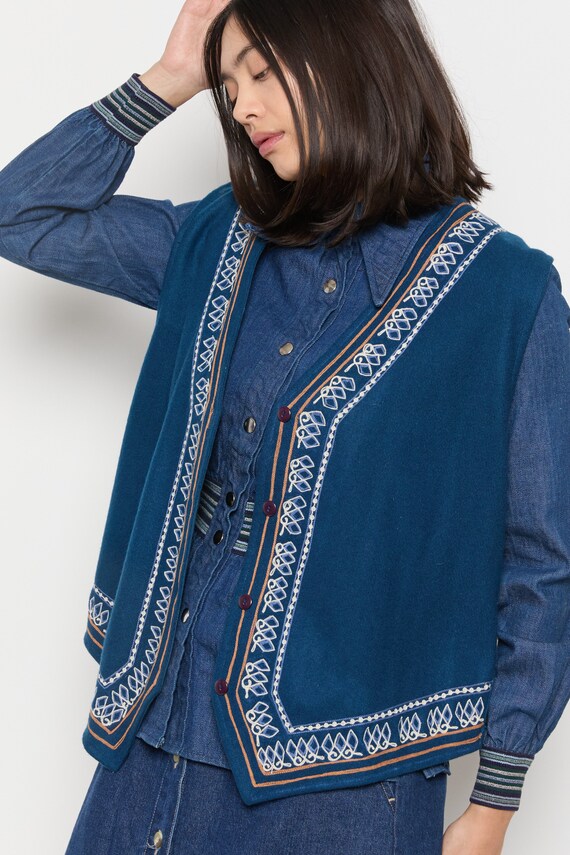 80s Blue Wool Embroidered Vest XL - image 9