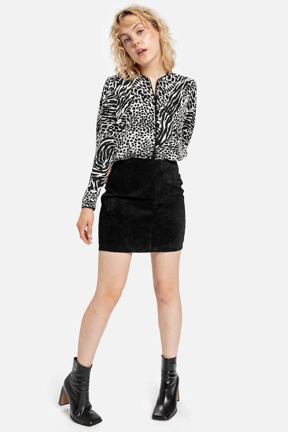 80s B&W Animal Print Silk Blouse S - image 2