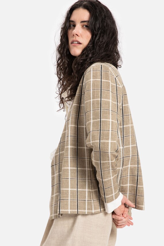 80s Tan Plaid Blazer M Gem