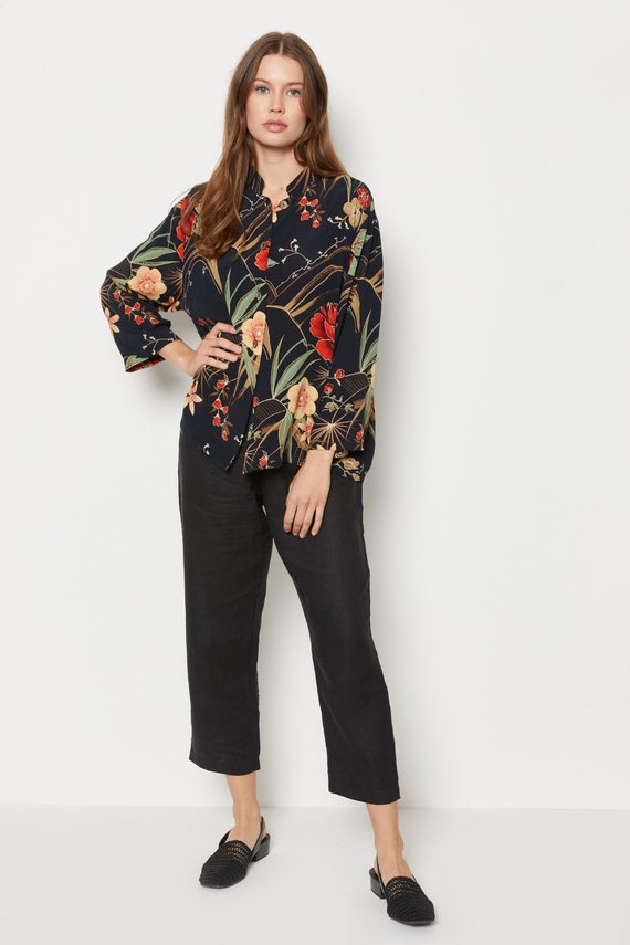 90s Black Floral Mandarin Collar Top XL