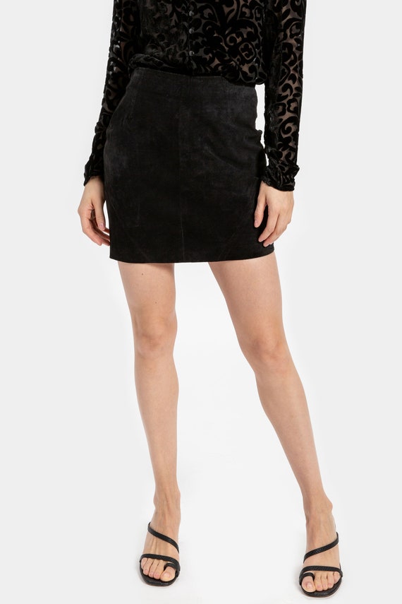 80s Black Suede Mini Skirt S