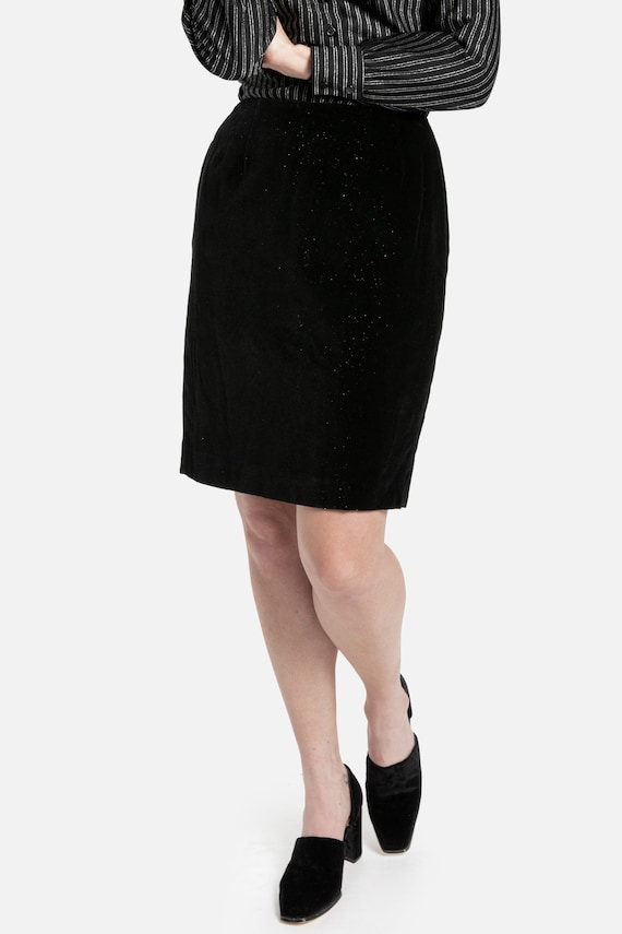 90s Black Velvet Sparkle Suit Pencil Skirt S - image 1