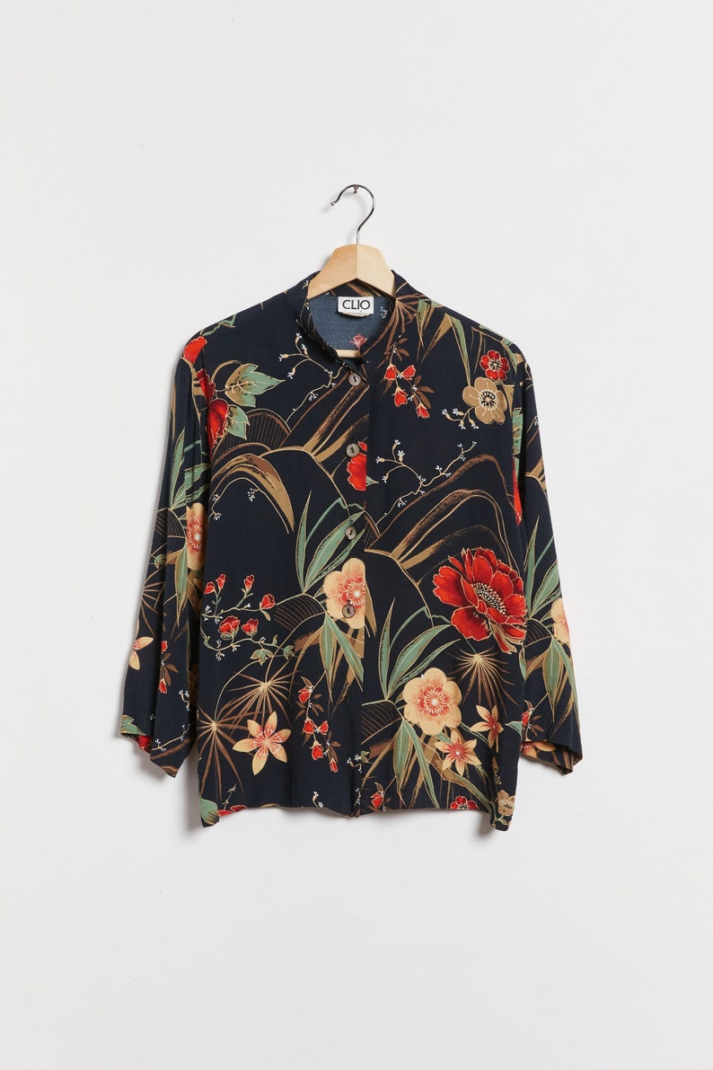 90s Black Floral Mandarin Collar Top XL image 10