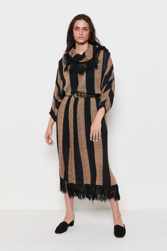 80s Tan Black Striped Fringe Trim Cowl Dress L