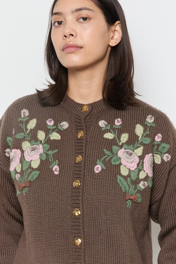 70s Cocoa Embroidered Bouquet Cardigan L - image 3