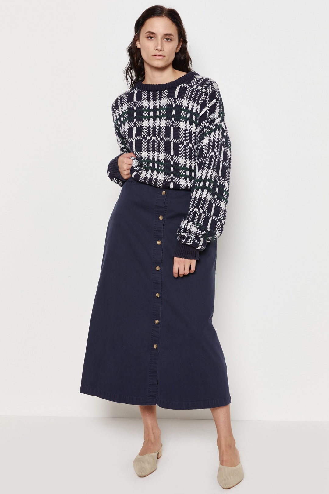 90s Midnight Cotton Button Front Skirt XL Etsy